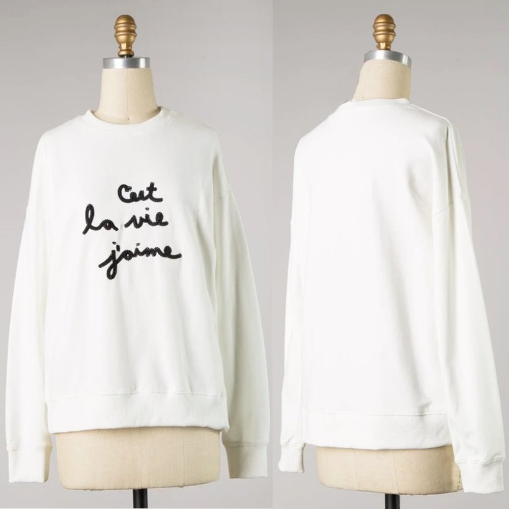 White Ivory C'est La Vie J'aime Cotton Sweatshirt - Picture 3 of 9